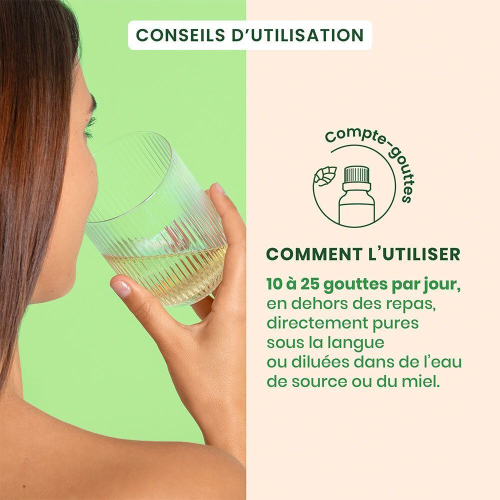 Vrouw drinkt vloeistof uit een glas. Tekst: 10 à 25 gouttes par jour. Illustratie: flesje met druppelaar.