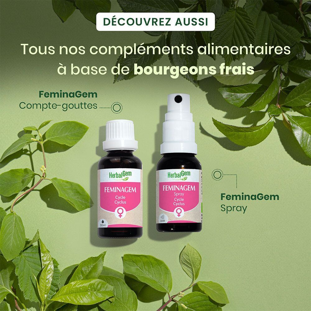 Twee flesjes: HerbalGem FEMINAGEM, een met druppelaar, een met spray. Tekst: Tous nos compléments alimentaires à base de bourgeons frais.