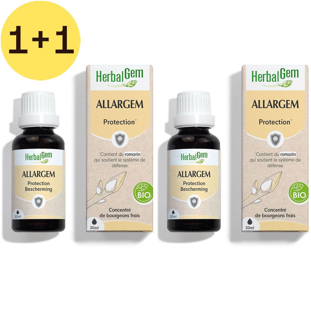 Deux flacons et deux boîtes Allergem Bio. Inscription: HerbalGem, Allergem Protection, certification Bio, 30ml.