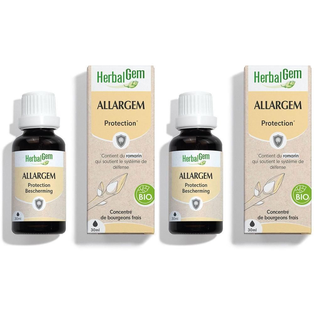 Drie flessen HerbalGem Allergem Bio. Flessen met witte dop en etiket. Bio-certificering.