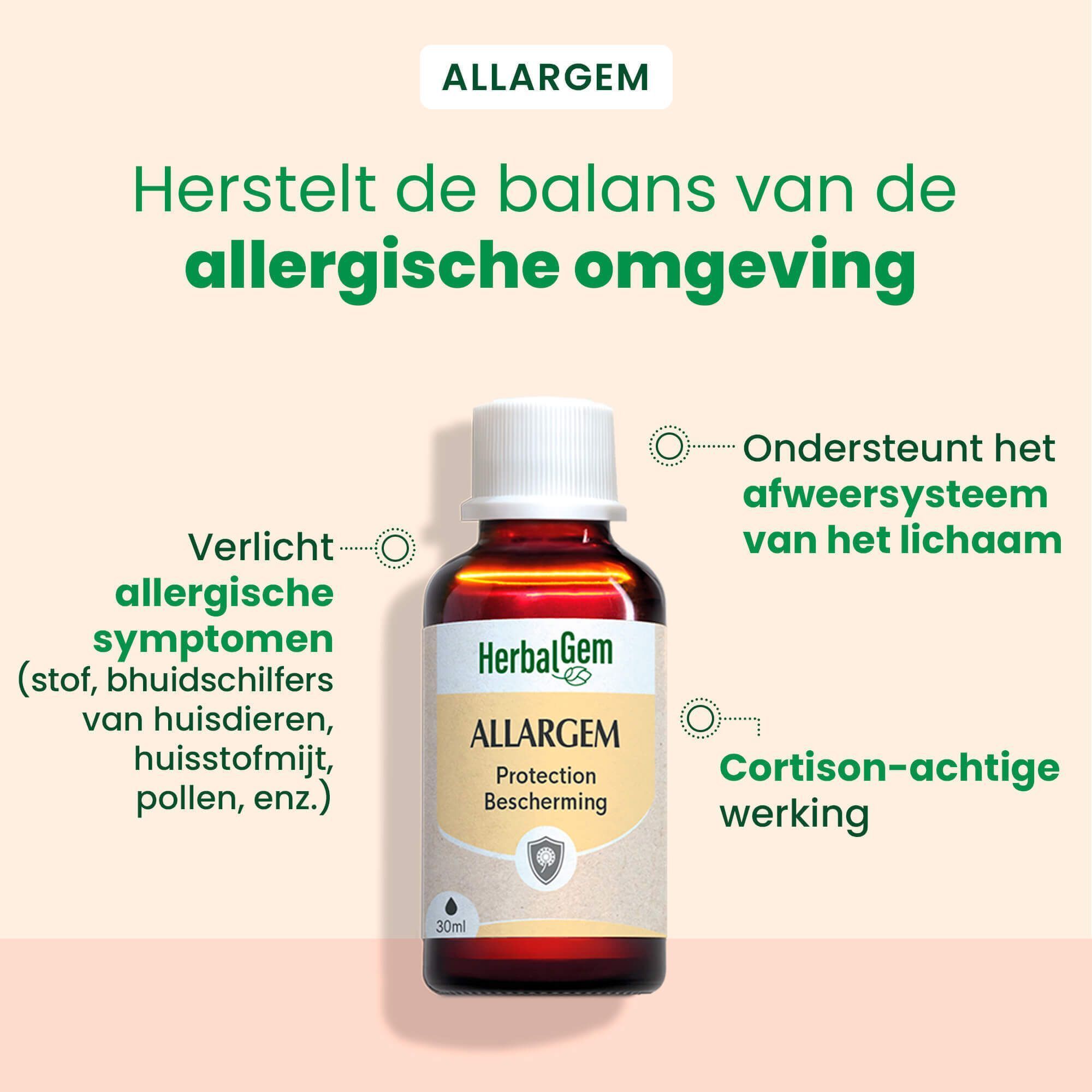 Fles HerbalGem Allergem. Tekst: Herstelt de balans van de allergische omgeving. Cortison-achtige werking.