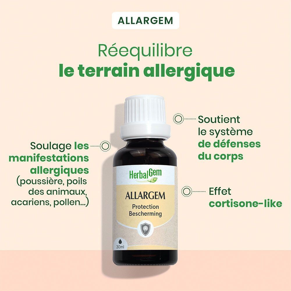 Fles HerbalGem Allergem. Tekst: Rééquilibre le terrain allergique. Ondersteunt immuunsysteem. Cortison-achtige werking.