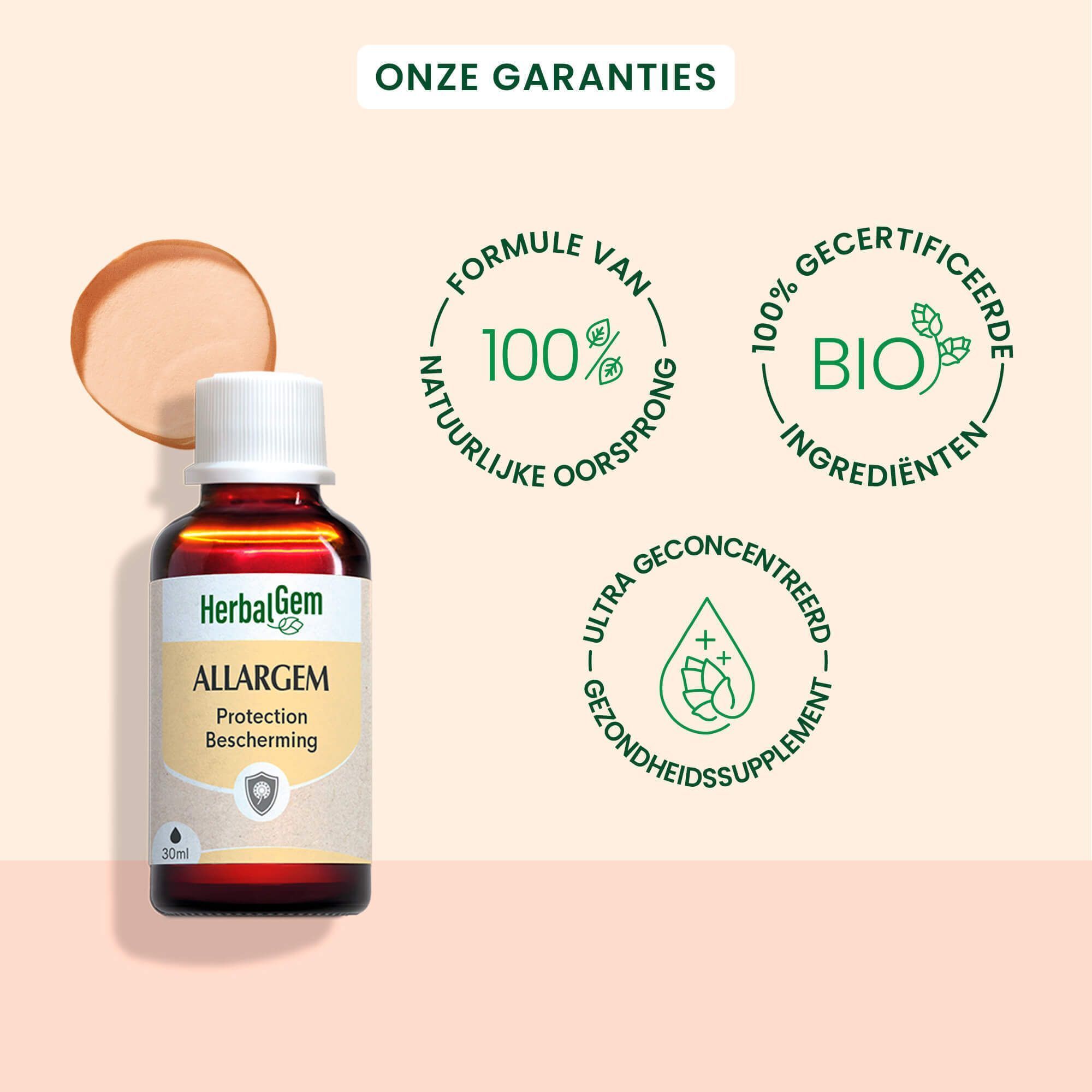 Fles HerbalGem Allergem. 100% natuurlijke ingrediënten. Bio-certificering. Ultra-geconcentreerd. Gezondheidssupplement.