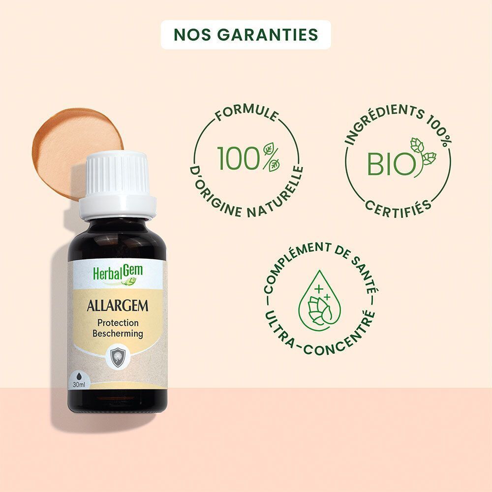 Fles HerbalGem Allergem. 100% natuurlijke ingrediënten. Bio-certificering. Ultra-geconcentreerd. Gezondheidssupplement.