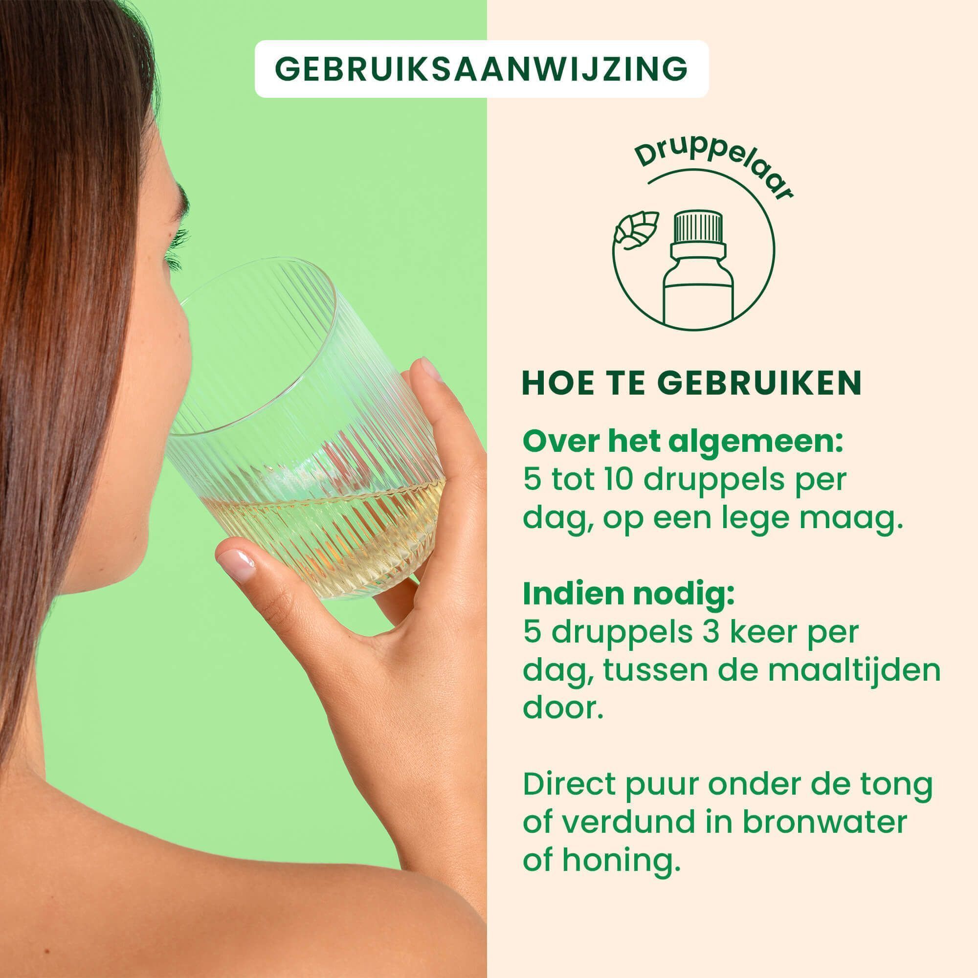 Vrouw drinkt vloeistof uit een glas. Gebruiksaanwijzing: 5-10 druppels per dag, op een lege maag. Met druppelaar.
