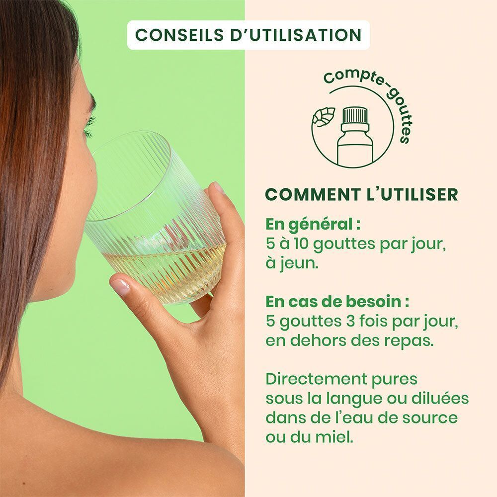 Vrouw drinkt vloeistof uit een glas. Gebruiksaanwijzing: 5-10 druppels per dag, op een lege maag. Met druppelaar.