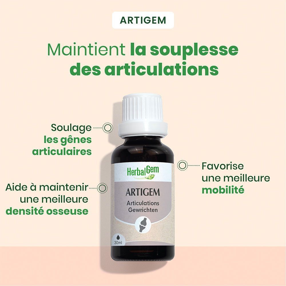 Fles HerbalGem Artigem met Nederlandse teksten over gewrichtsflexibiliteit en mobiliteit.