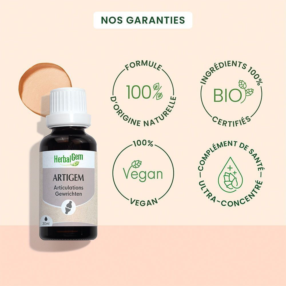 Un flacon Artigem, 30ml. Logos: 100% naturel, certifié Bio, vegan, ultra-concentré. Fond avec crème.