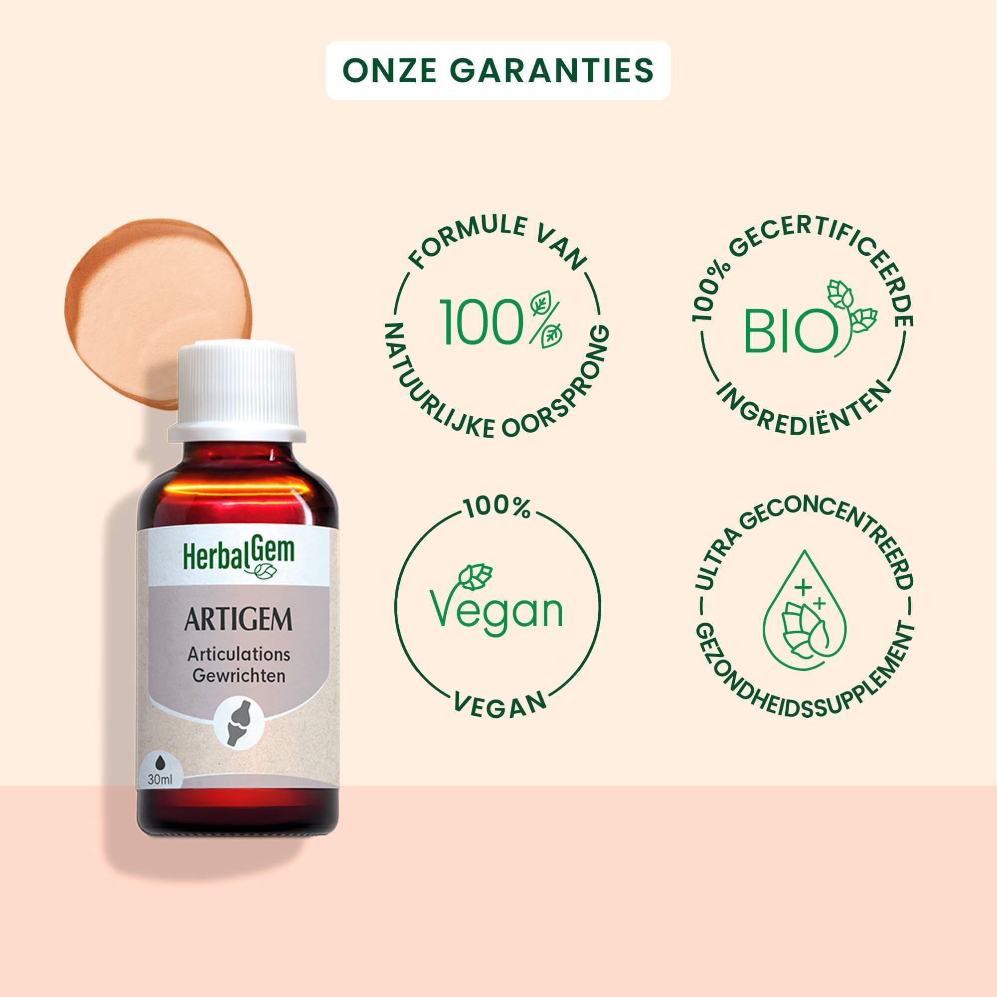 Fles HerbalGem Artigem met Nederlandse zegels voor Bio-kwaliteit en vegan formule.