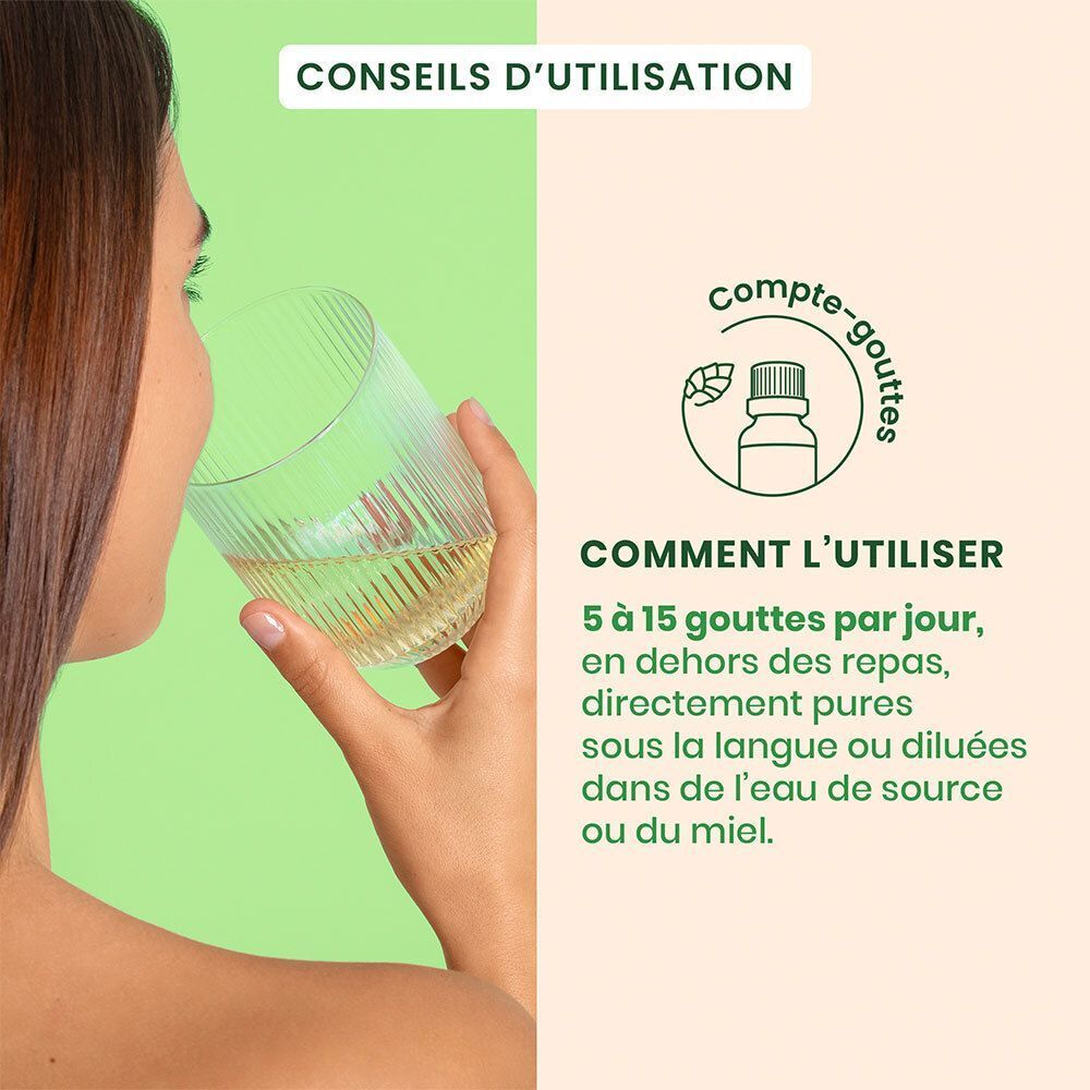 Femme buvant un liquide, à côté des instructions d'utilisation de HerbalGem Artigem.