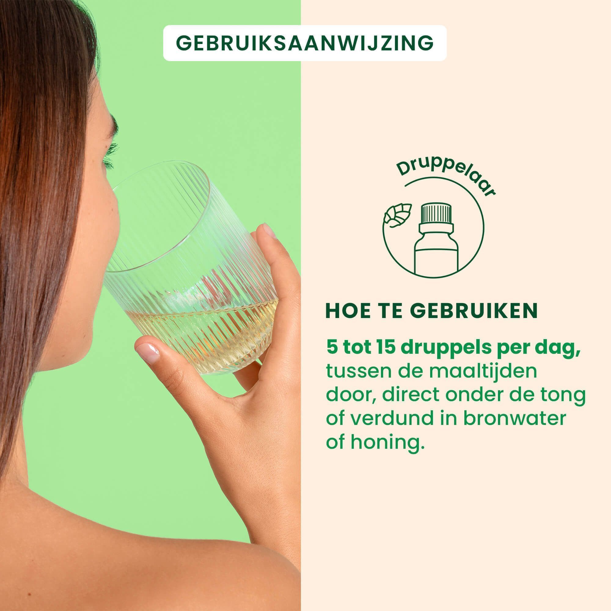 Vrouw drinkt vloeistof, naast instructies voor het gebruik van HerbalGem Artigem.