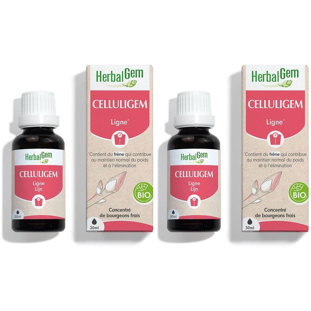 Drie flessen en verpakkingen van HerbalGem Celluligem Ligne. Bio-certificering.