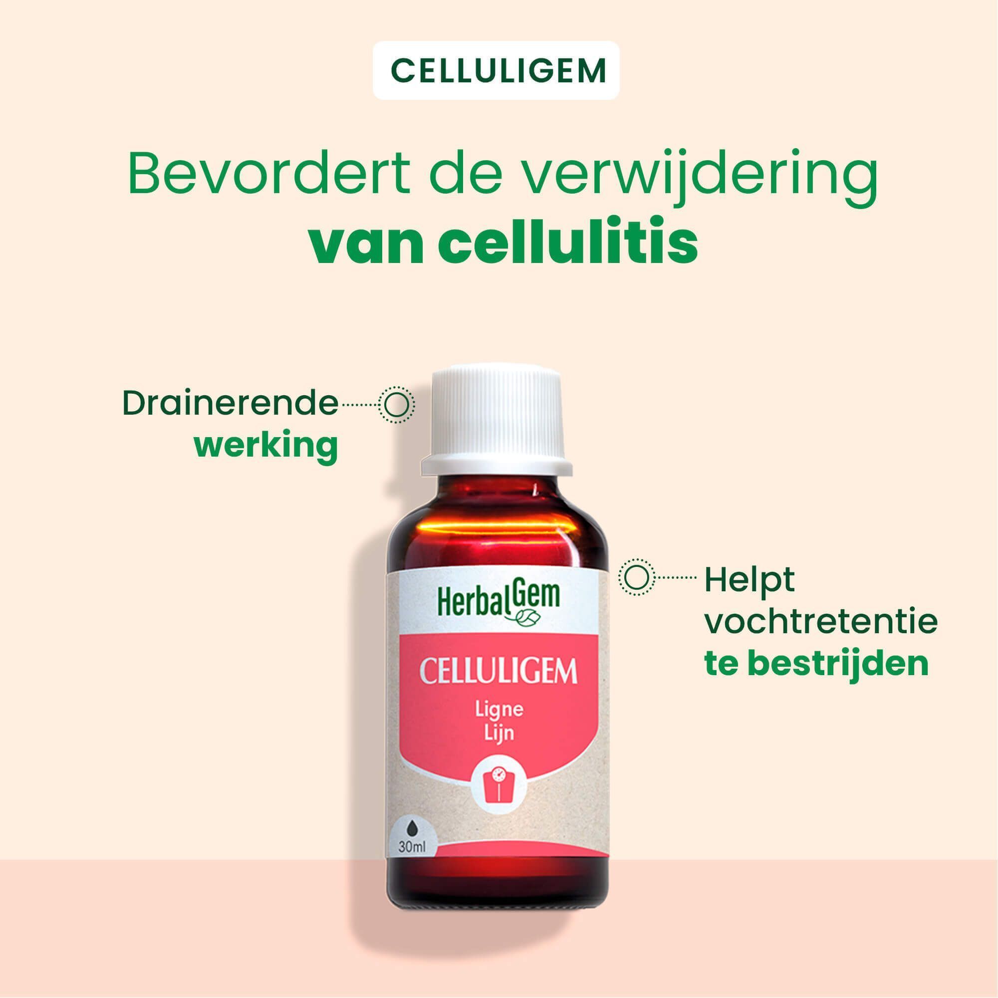 Een fles HerbalGem Celluligem Lijn. Tekst: Bevordert de verwijdering van cellulitis.