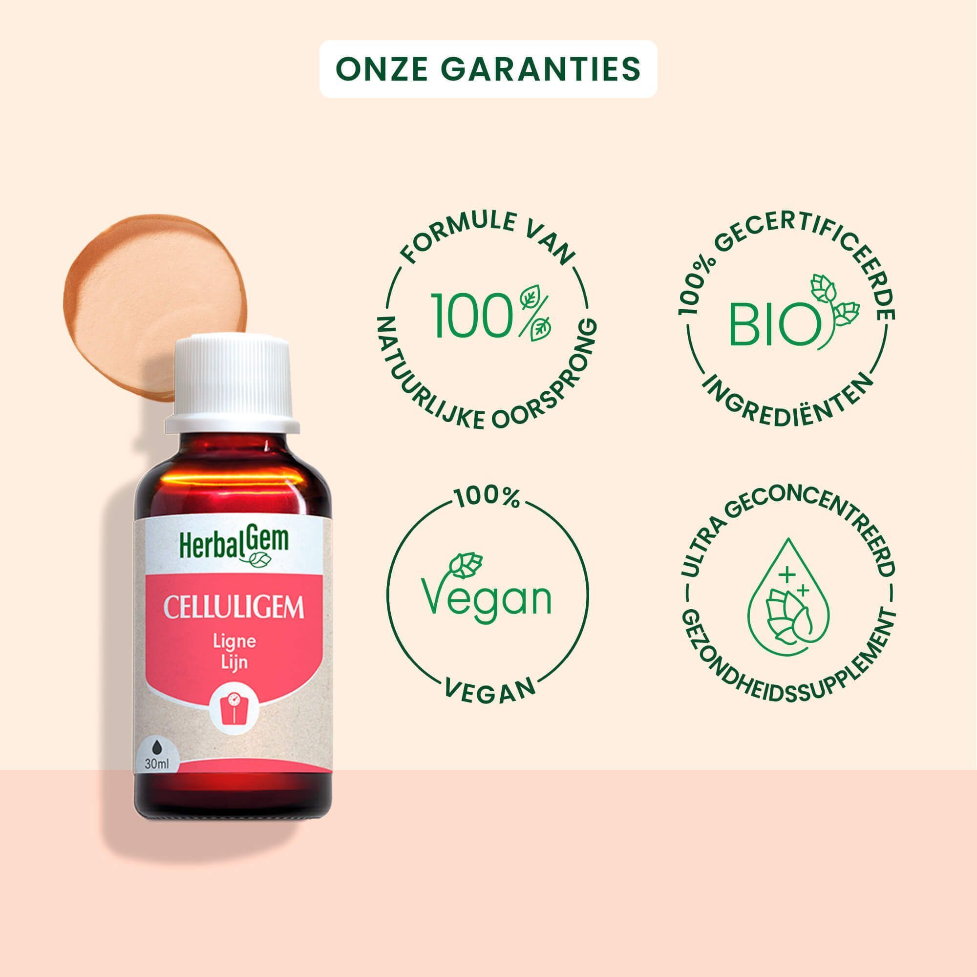 Een fles HerbalGem Lijn. Bio-certificering. Vegan. 100% natuurlijke oorsprong.