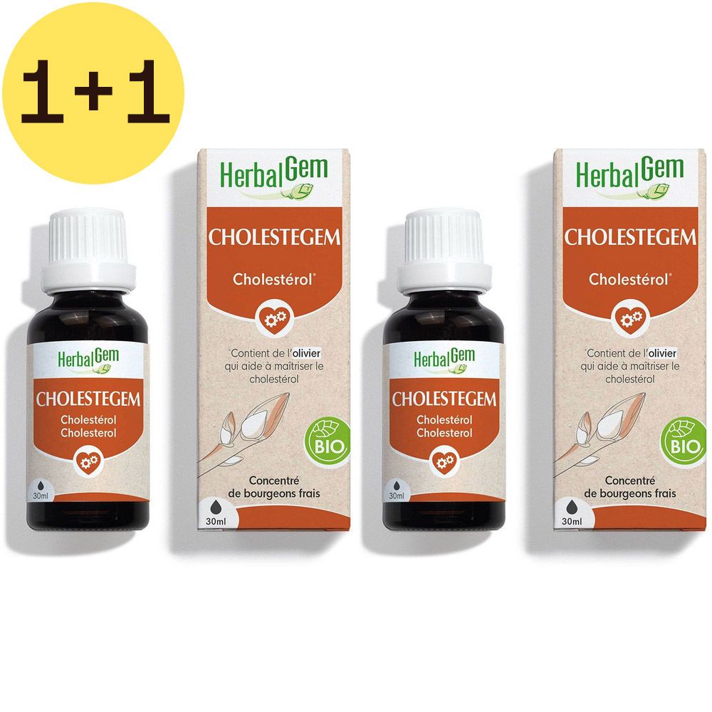 Drie flessen en twee dozen. Opschrift: CHOLESTEGEM, Cholestérol. BIO-label. Gele cirkel met "1+1". 