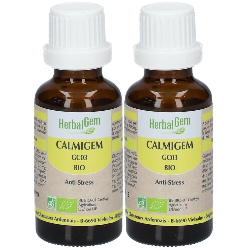 Deux flacons HerbalGem Calmigem Bio. Flacons en verre brun, bouchon blanc et étiquette jaune.