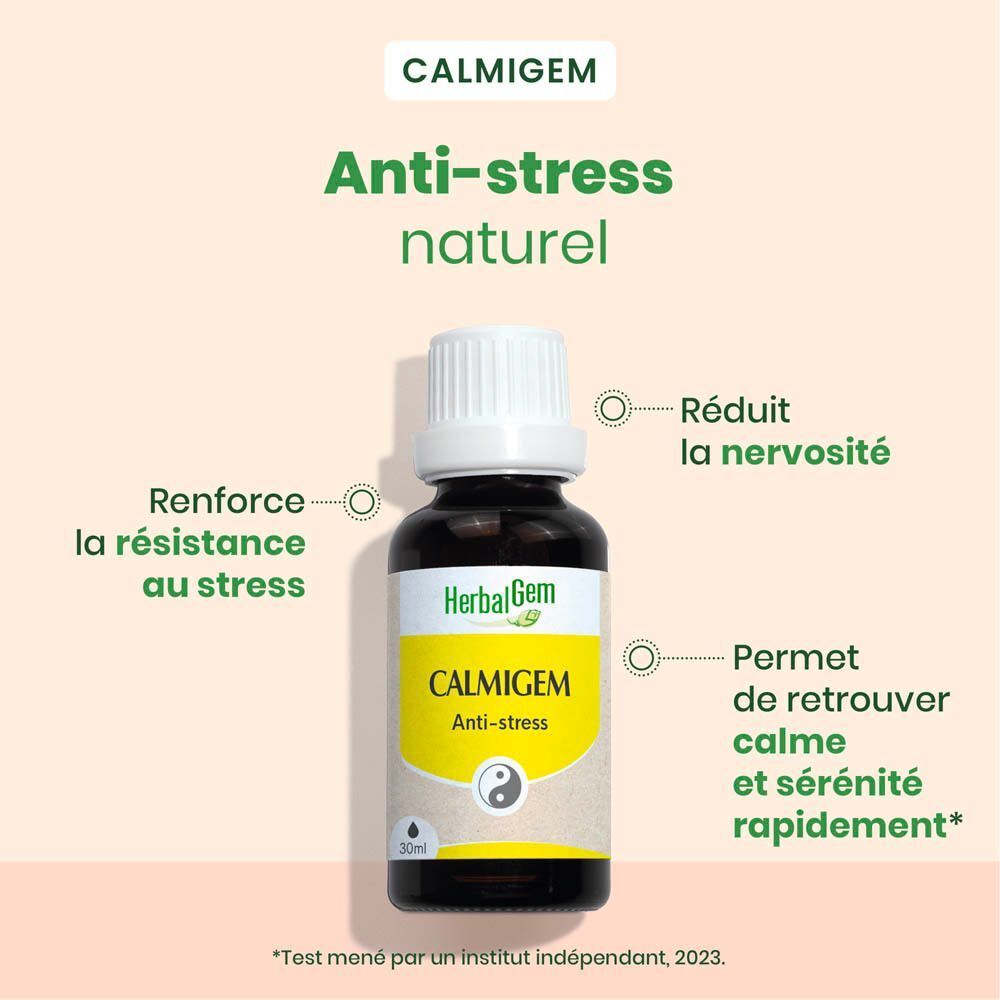 Flacon HerbalGem Calmigem Bio. Étiquette jaune avec texte et symbole Yin-Yang. Anti-stress.
