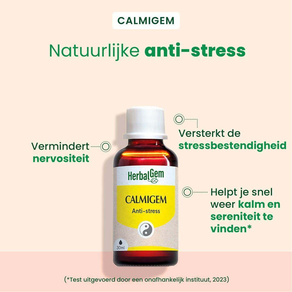 Fles HerbalGem Calmigem Bio. Geel etiket met tekst en Yin-Yang-symbool. Anti-stress.