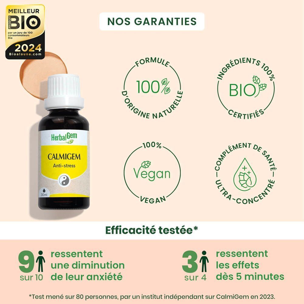Flacon HerbalGem Calmigem Bio. Étiquette jaune avec texte et symbole Yin-Yang. Anti-stress.