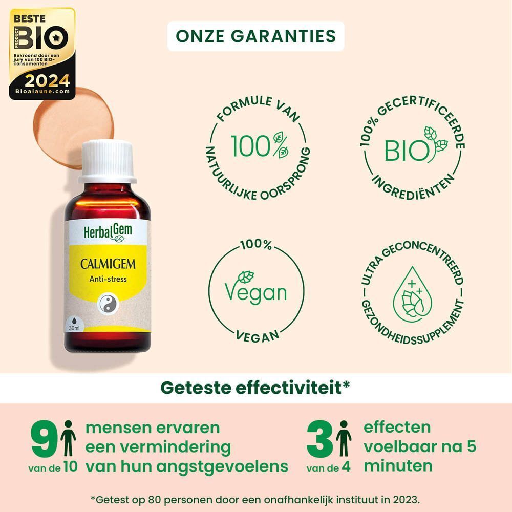 Fles HerbalGem Calmigem Bio. Geel etiket met tekst en Yin-Yang-symbool. Anti-stress.