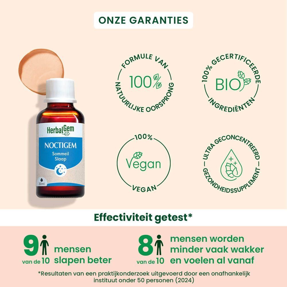 Fles HerbalGem NOCTIGEM Sommeil Slaap met garantiezegels: 100% natuurlijk, Bio, Vegan.