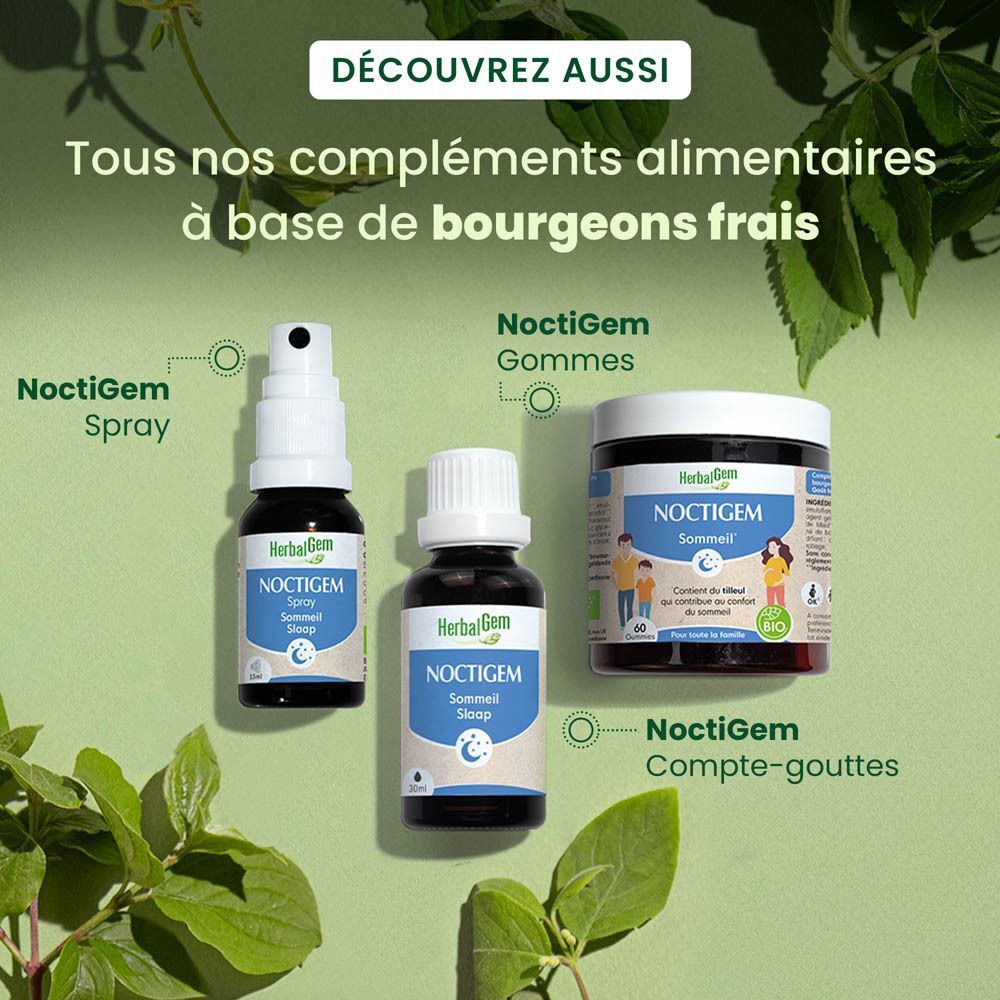 Trois produits : NOCTIGEM Spray, NOCTIGEM gouttes et NOCTIGEM Gummies. Tous avec le logo HerbalGem.