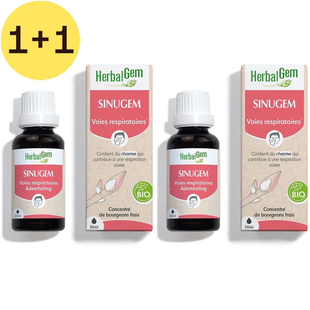 Drie flessen en twee dozen. Opschrift: HerbalGem Sinugem, luchtwegen, Bio. Gele cirkel met "1+1". 