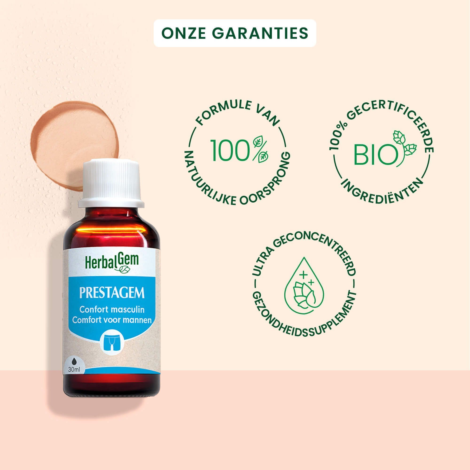 Een fles HerbalGem Prestagem Bio met certificeringen. Opschrift: Prestagem, Comfort masculin. Logo's: 100% natuurlijke oorsprong, Bio-certificering.