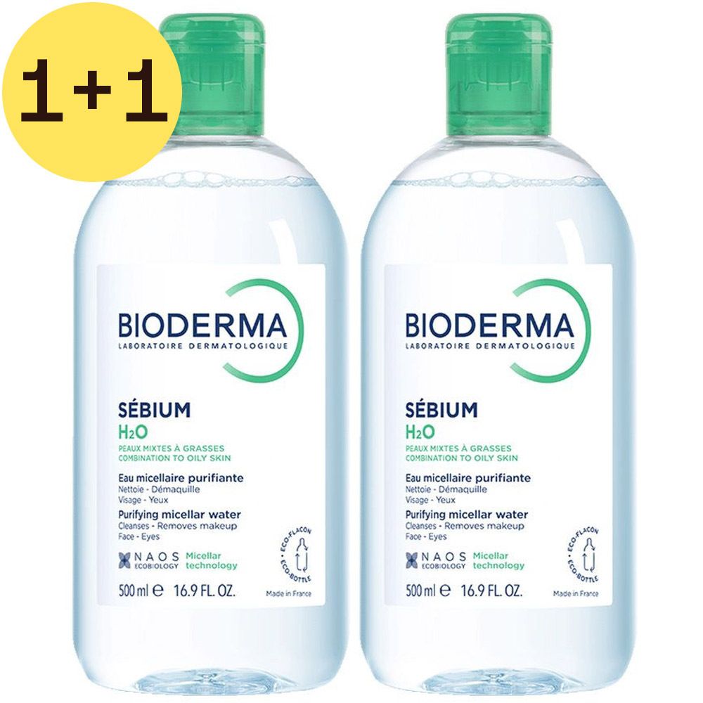 Deux flacons de Bioderma Sébium H2O. Liquide clair dans des bouteilles transparentes avec des bouchons verts. Étiquettes avec informations.