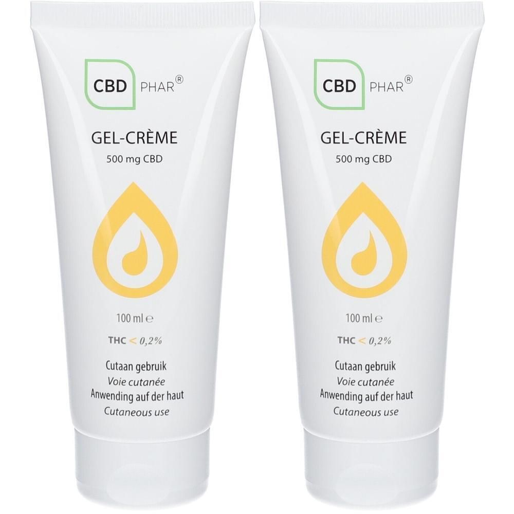 Deux tubes blancs de Gel-Crème CBD PHAR. Inscription : 500 mg CBD, 100 ml, THC <0,2%. Symbole de goutte jaune.