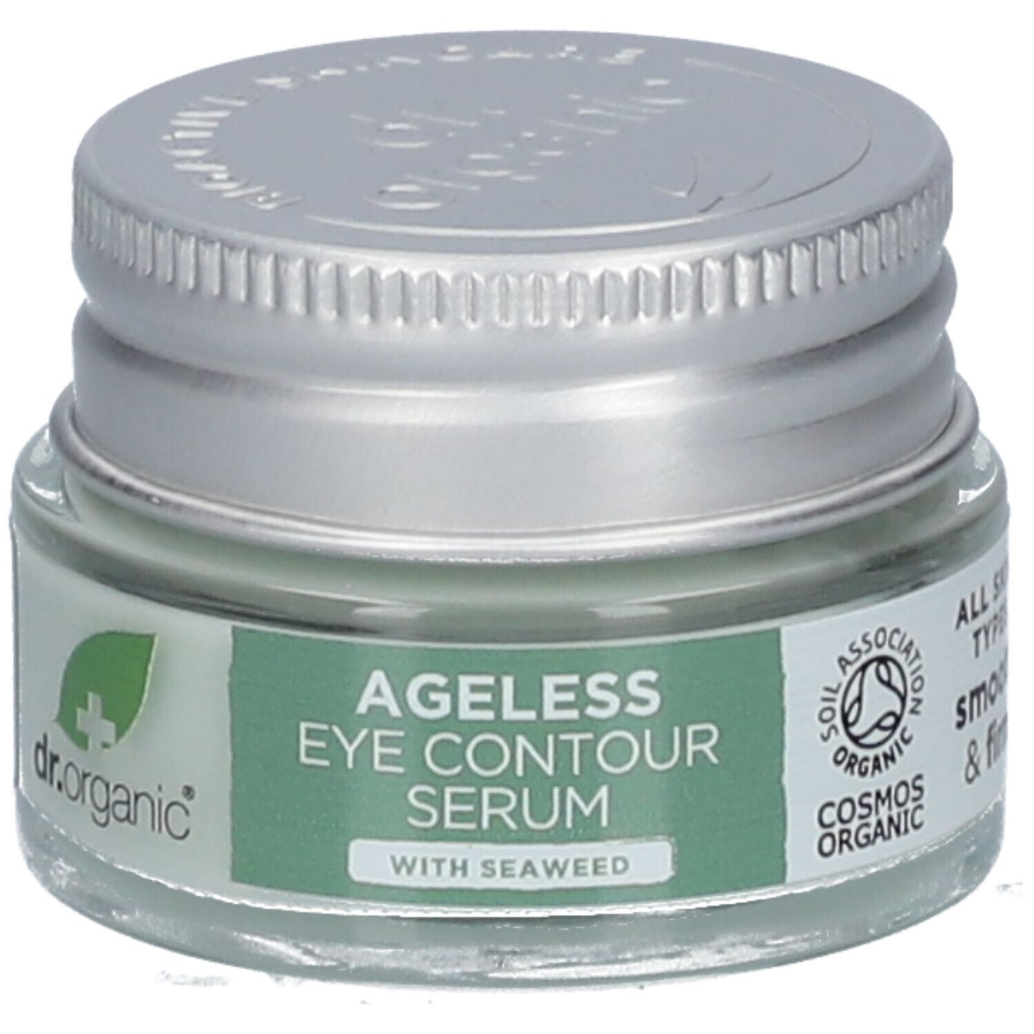 Sérum contour des yeux en pot de verre avec couvercle argenté. Inscription: Ageless Eye Contour Serum with Seaweed. Cosmos Organic.