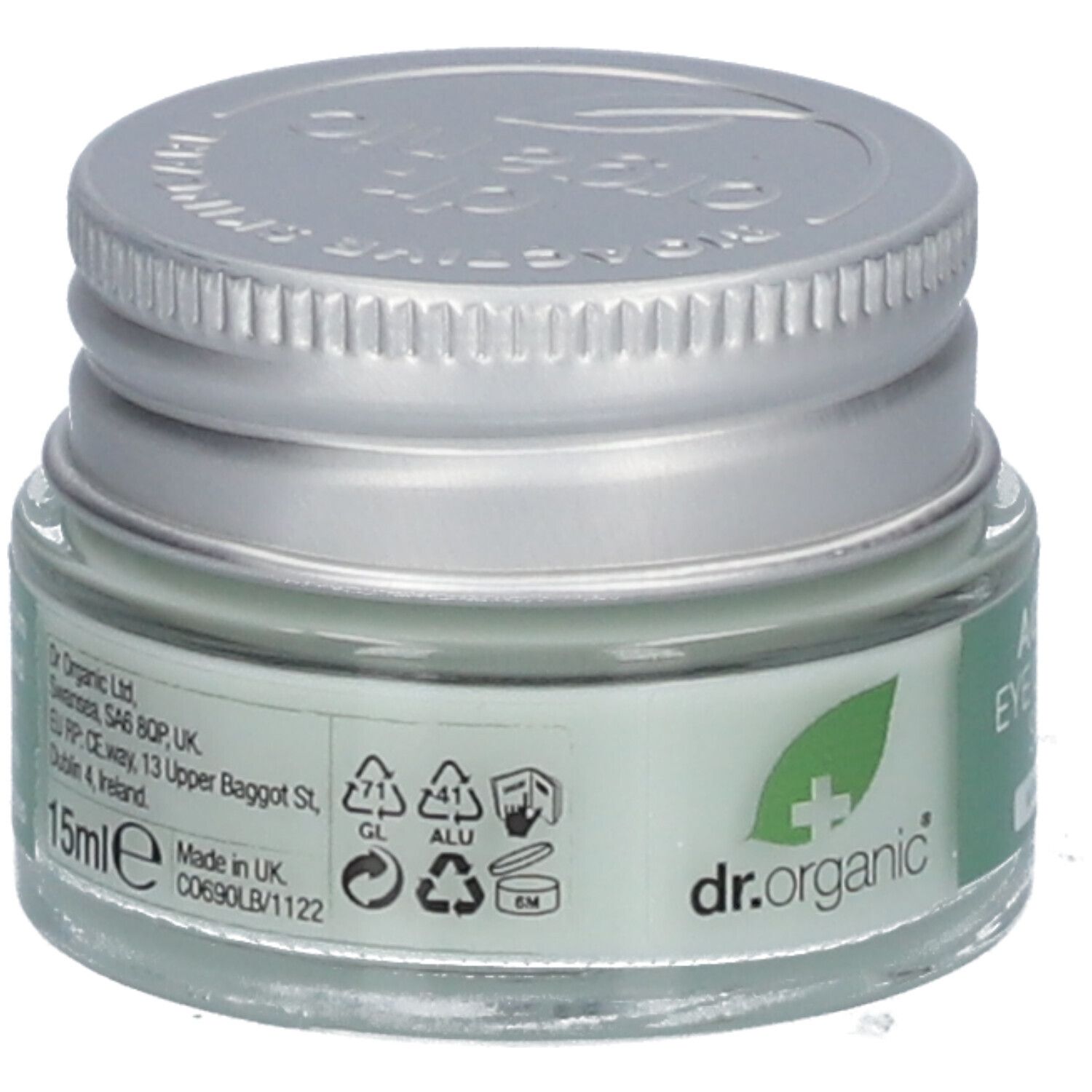 Sérum contour des yeux en pot de verre avec couvercle argenté. Inscription: Ageless Eye Contour Serum. Avec algues marines. 15ml.