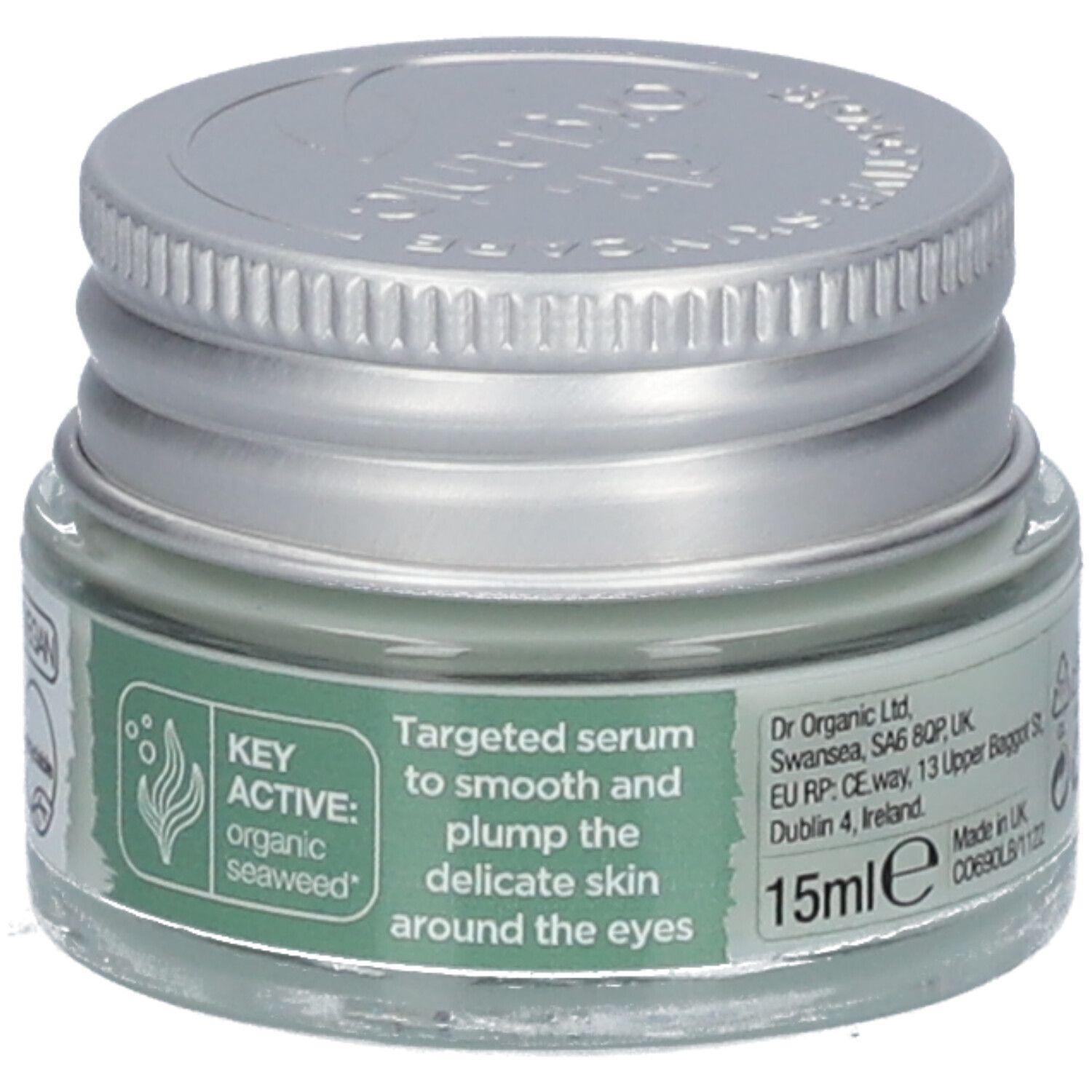 Sérum contour des yeux en pot de verre avec couvercle argenté. Inscription: Targeted Serum. 15ml. Avec algues marines. Pour tous types de peau.