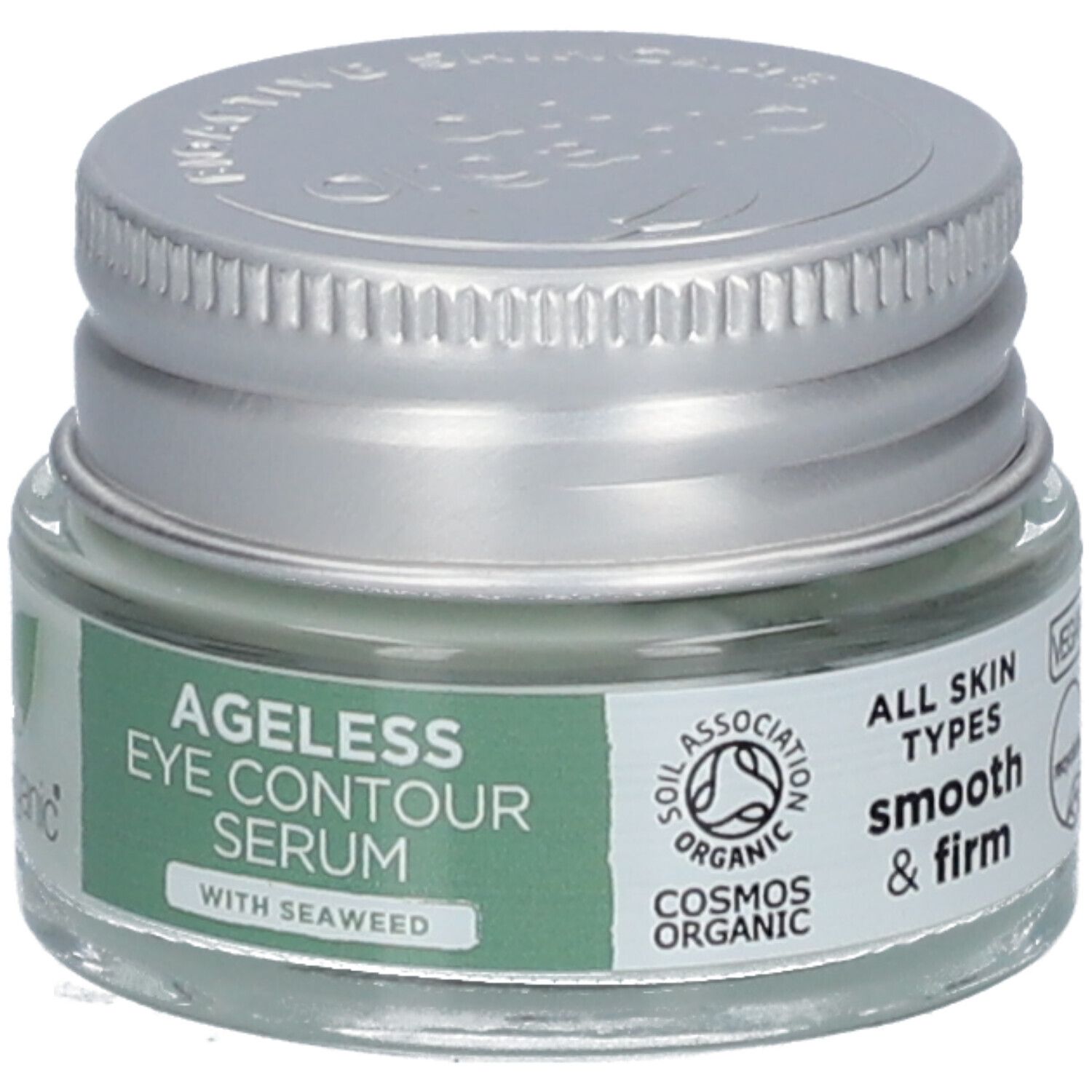 Sérum contour des yeux en pot de verre avec couvercle argenté. Inscription: Ageless Eye Contour Serum with Seaweed. Cosmos Organic.