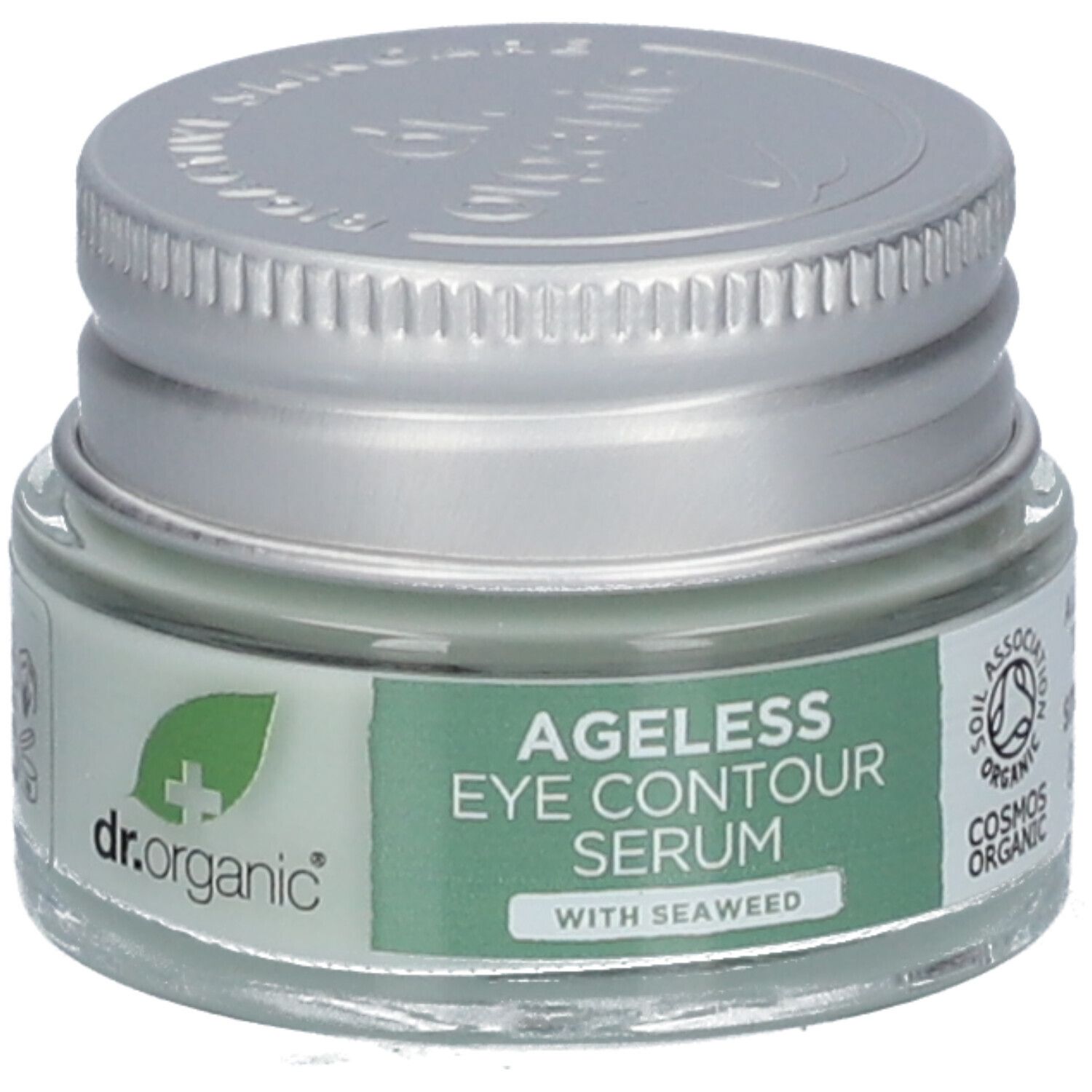 Sérum contour des yeux en pot de verre avec couvercle argenté. Inscription: Ageless Eye Contour Serum with Seaweed. Cosmos Organic.
