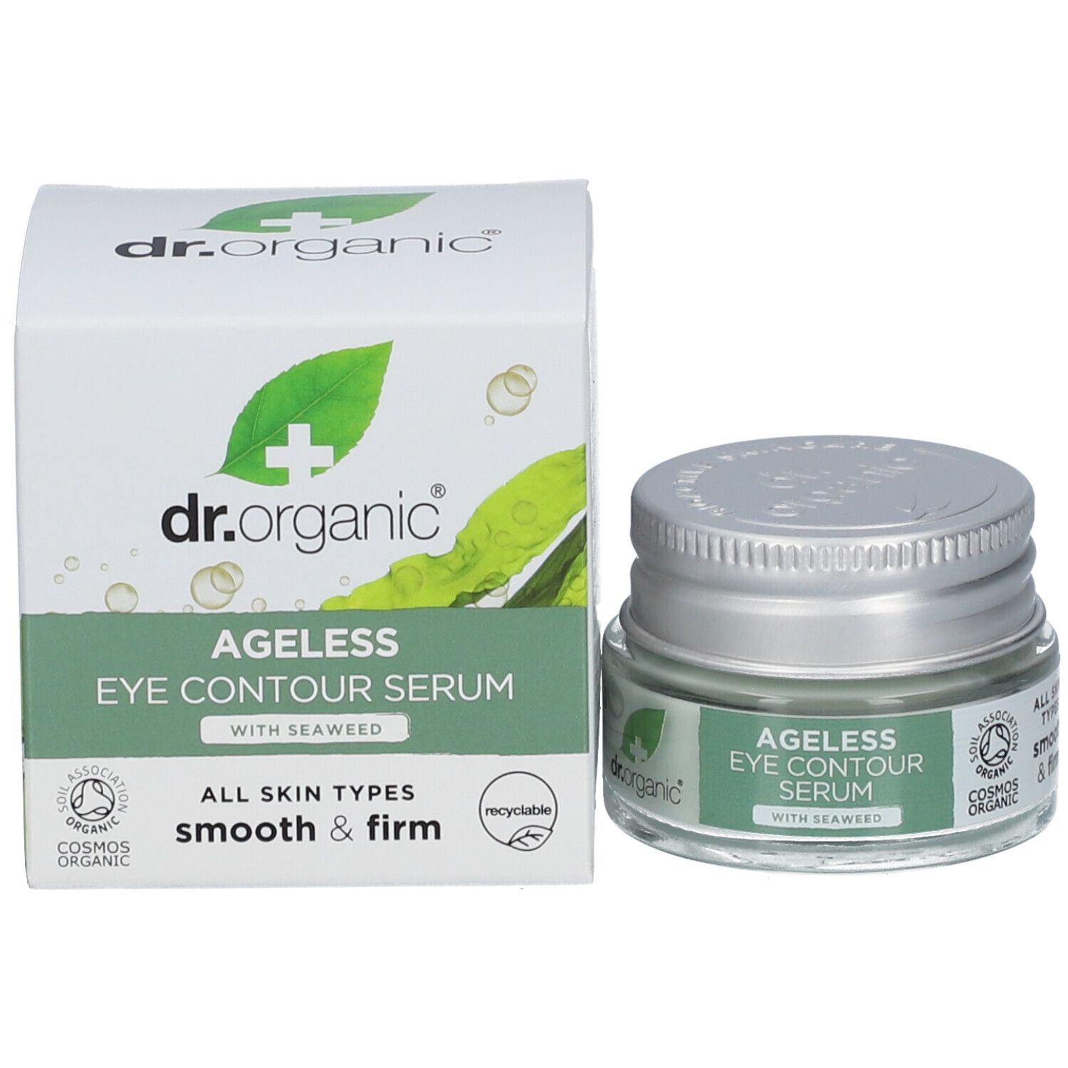 Produit et emballage. Sérum contour des yeux en pot de verre avec couvercle argenté. Inscription: Ageless Eye Contour Serum with Seaweed.
