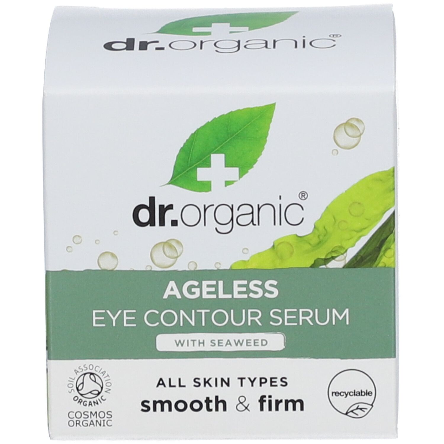 Produit et emballage. Inscription: Ageless Eye Contour Serum with Seaweed. Pour tous types de peau. Recyclable.