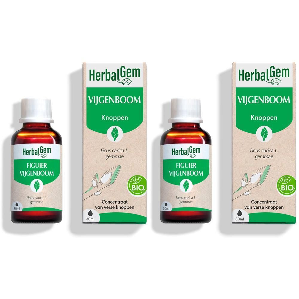 Drie flesjes en doosjes van HerbalGem Vijgenboom Knoppen. Donkere glazen flesjes met witte dop.