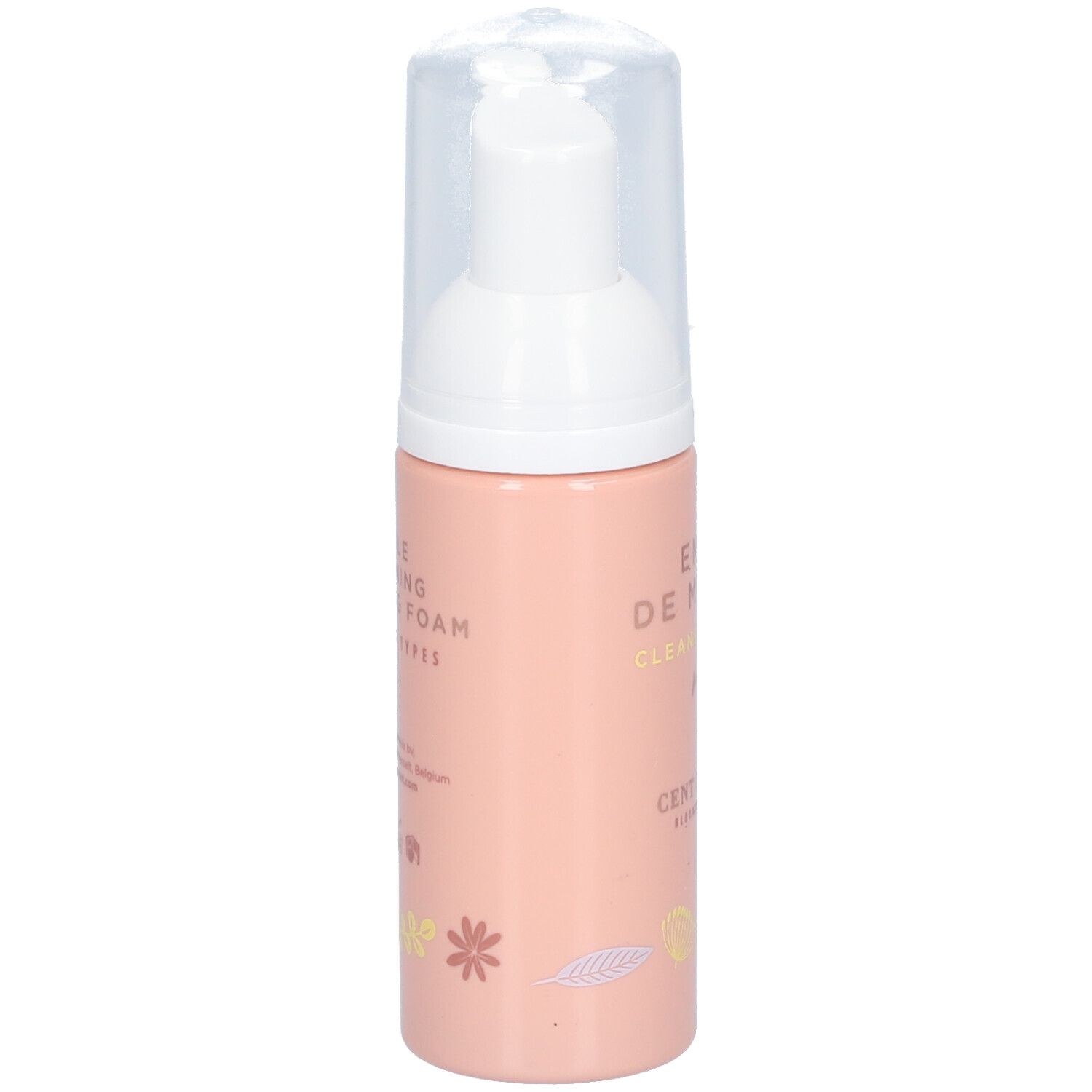 Flacon rose avec pompe blanche. Inscription : Envie de Mousse, Cleansing Foam, Cent Pur Cent.