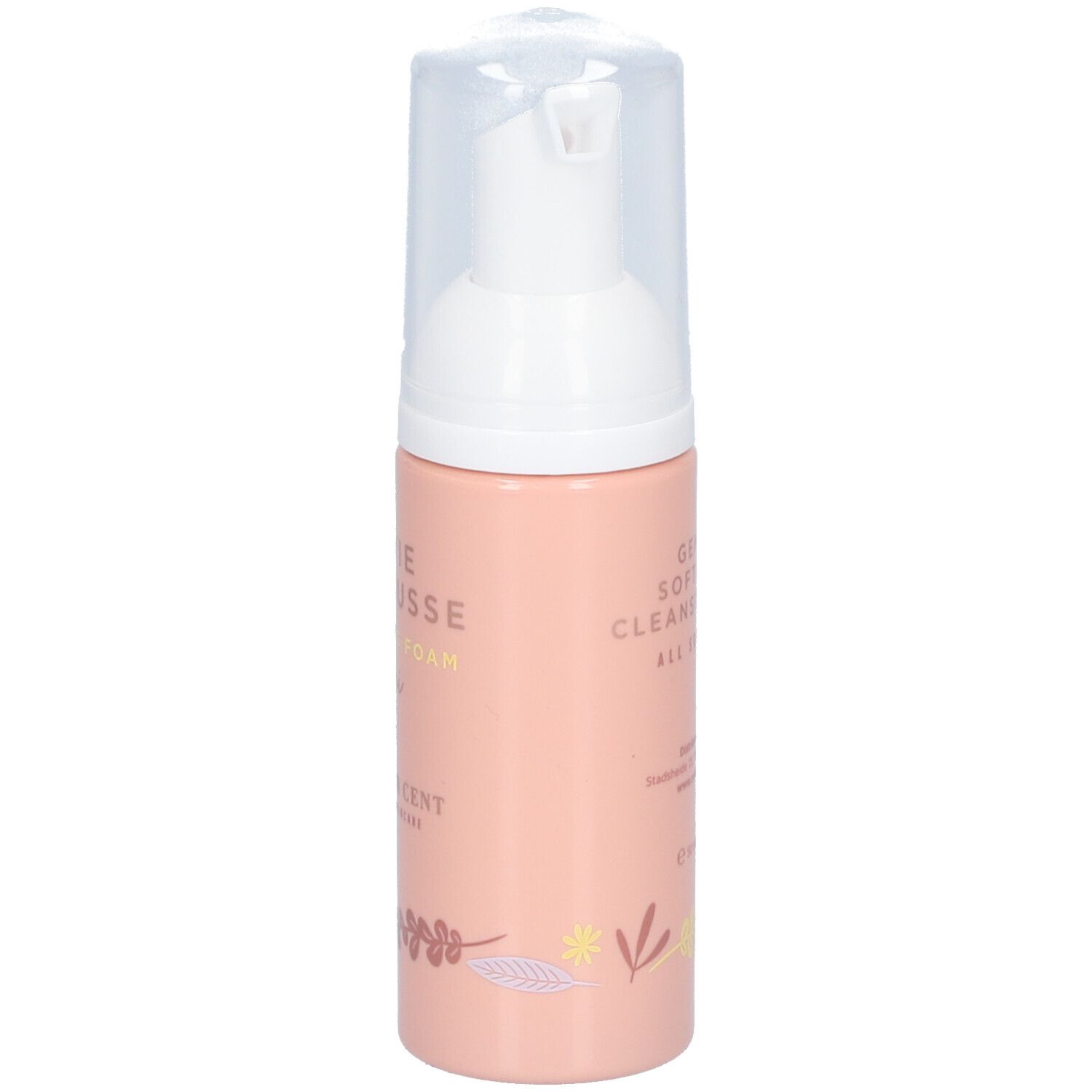 Flacon rose avec pompe blanche. Inscription : Gentle Softening Cleansing Foam, tous types de peau.