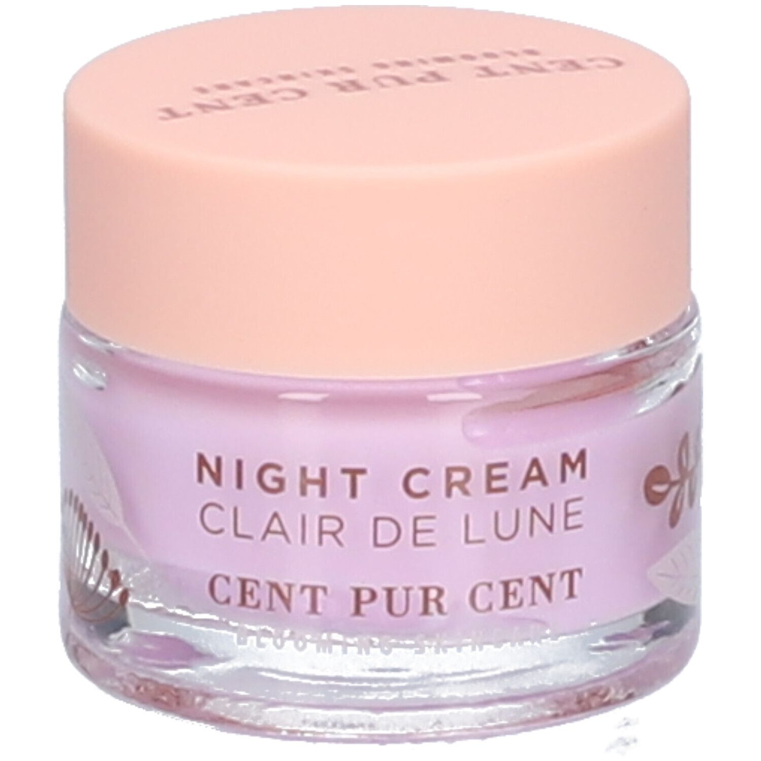 Crèmetiegel met roze deksel. Op de pot staat "NIGHT CREAM Clair de Lune CENT PUR CENT".