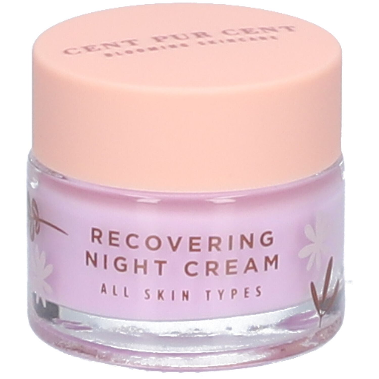 Crèmetiegel met roze deksel. Op de pot staat "RECOVERING NIGHT CREAM ALL SKIN TYPES".