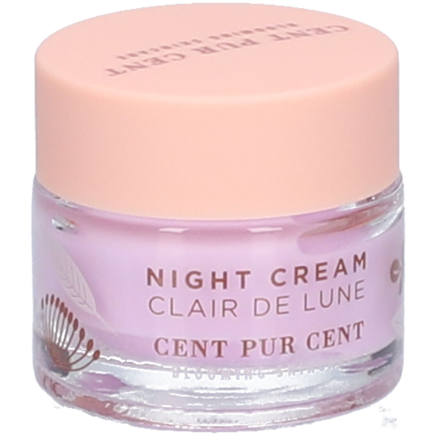 Crèmetiegel met roze deksel. Op de pot staat "NIGHT CREAM Clair de Lune CENT PUR CENT".