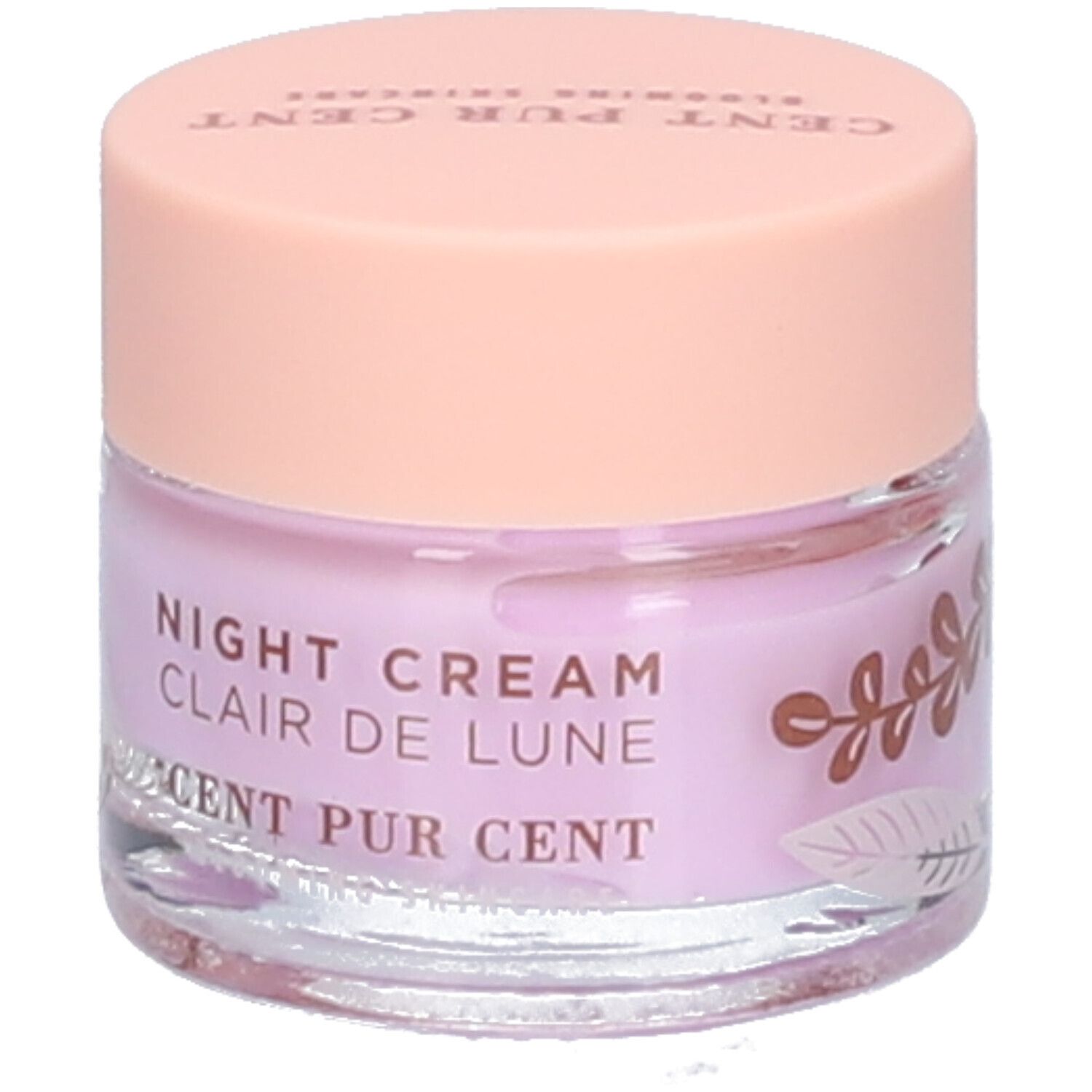 Crèmetiegel met roze deksel. Op de pot staat "NIGHT CREAM Clair de Lune CENT PUR CENT".