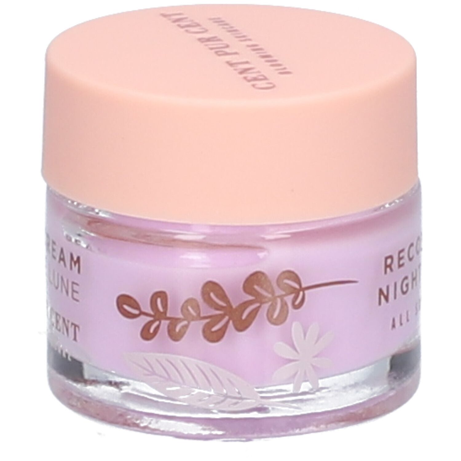 Crèmetiegel met roze deksel. Op de pot staat "RECOVERING NIGHT CREAM ALL SKIN TYPES".