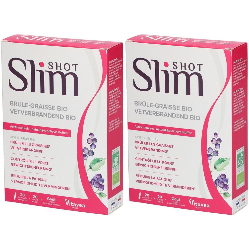 Twee dozen Slimshot. Opschrift: Brûle-Graisse Bio. Met AB Bio-label. Bevat 20 zakjes. Vitavea-logo.