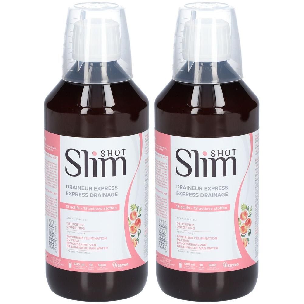 Twee flessen vloeistof. Opschrift Slim Shot, Draineur Express. Met maatbeker. Roze en witte etiketten.