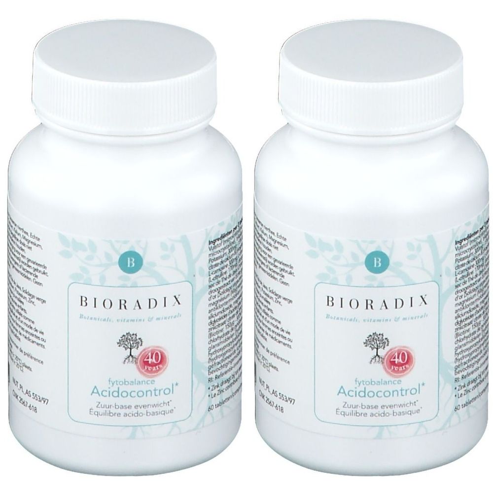 Deux flacons blancs avec bouchon à vis. Inscription: BIORADIX, Acidocontrol. Contient 40 comprimés.