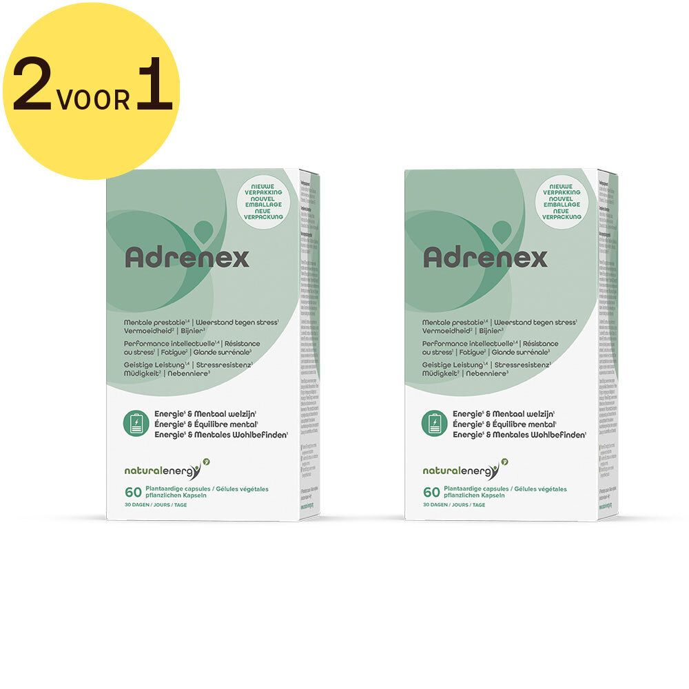 Twee dozen Adrenex met sticker '2 voor 1'. Opschrift: 'Mentale prestatie', 'Energie & mentaal welzijn', '60 plantaardige capsules'.