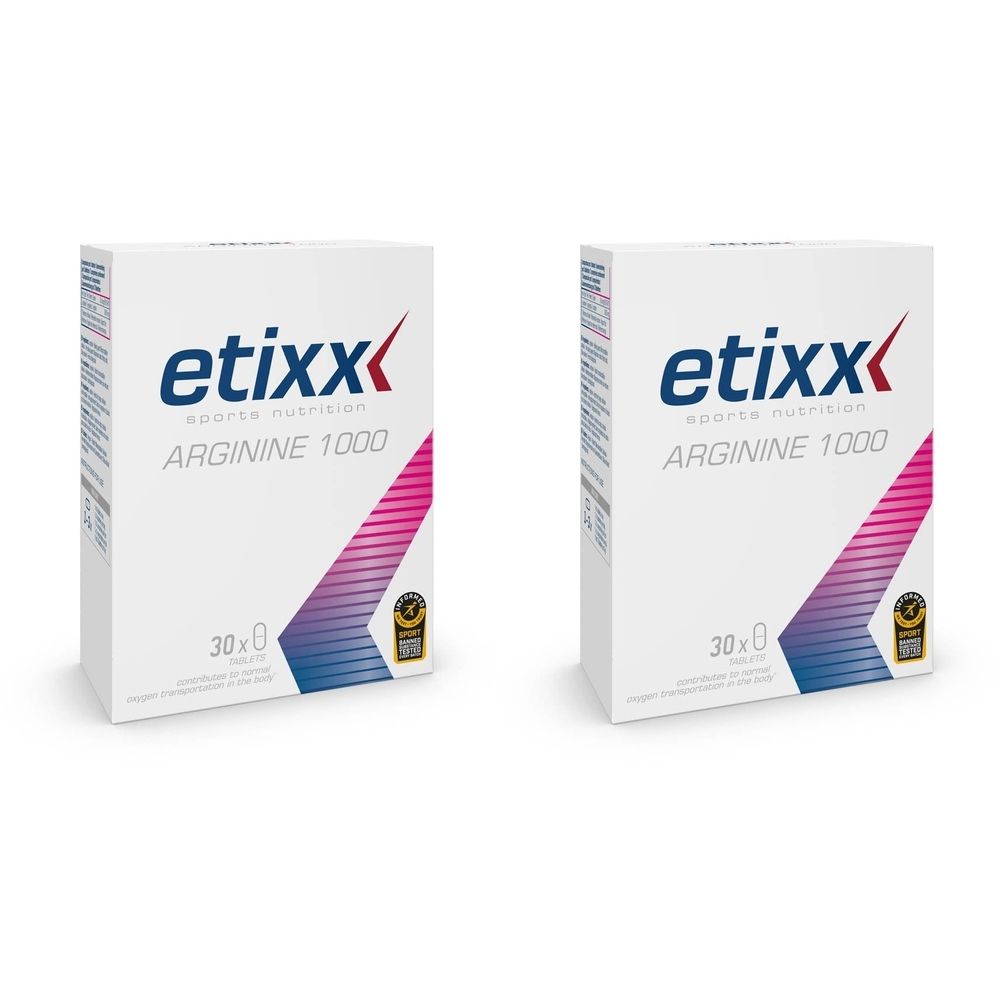 Twee witte dozen met "etixx SPORTS NUTRITION ARGININE 1000". Elke doos vermeldt "30 x 0 tabletten".